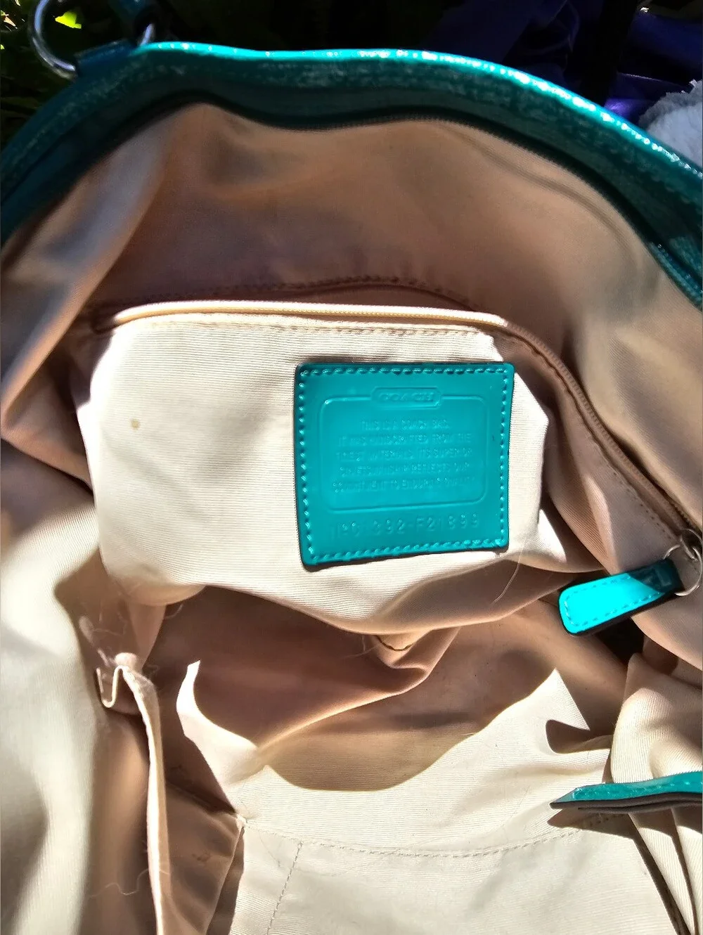 Coach Signature Sateen Teal Patent Leather Satchel Crossbody Bag